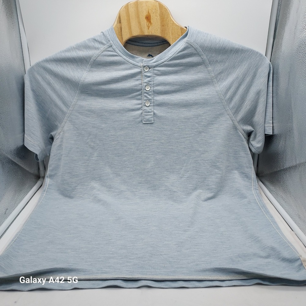 Tommy Bahama Mens Blue Heathered Henley Short Sleeve Shirt Size M Raglan Sleeve